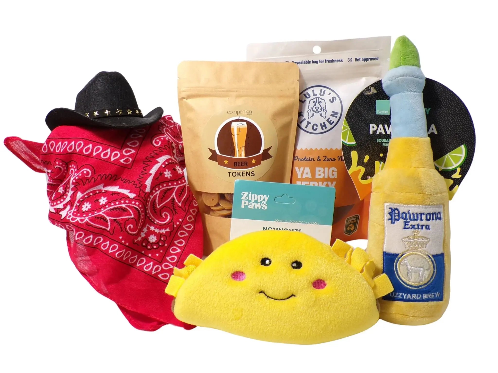 Dog gift box with black cowboy hat and red bandana and plush toys and treats