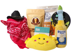 Dog gift box with black cowboy hat and red bandana and plush toys and treats