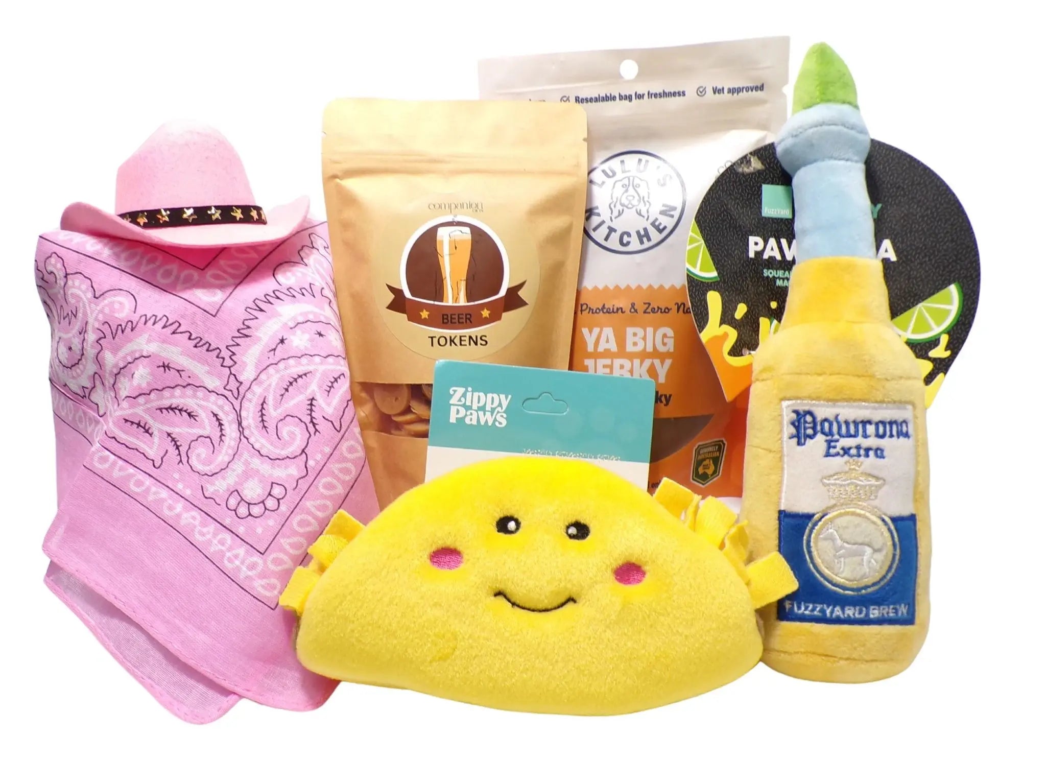 Dog gift box in pink with plus toys treats and dog party hat and bandana in pink