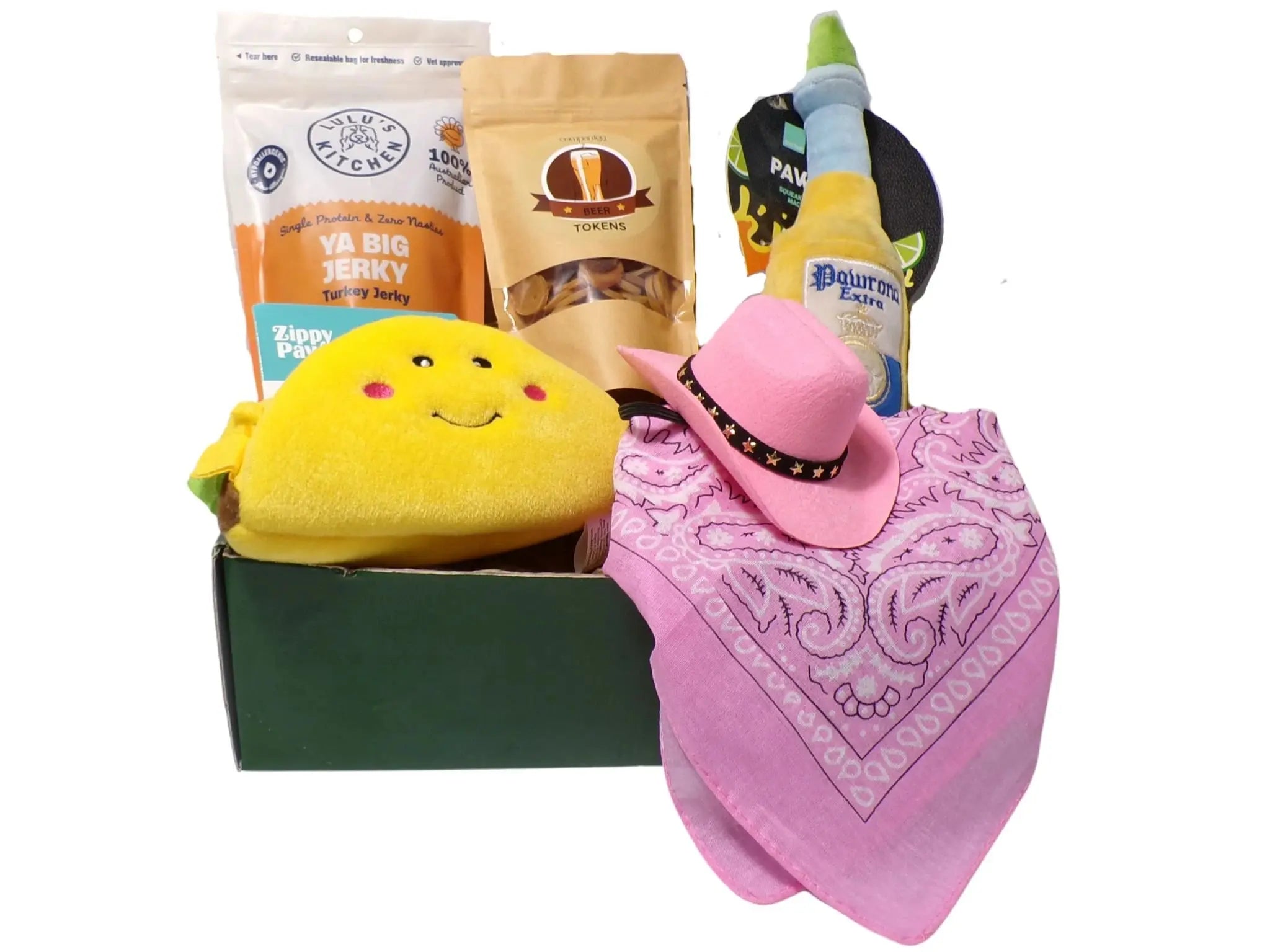 Dog gift box with Corona and taco dog toys and dog party hat and bandana in pink