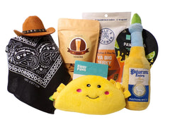 Dog toys and dog treats with dog party hat and bandana in brown and black and treats