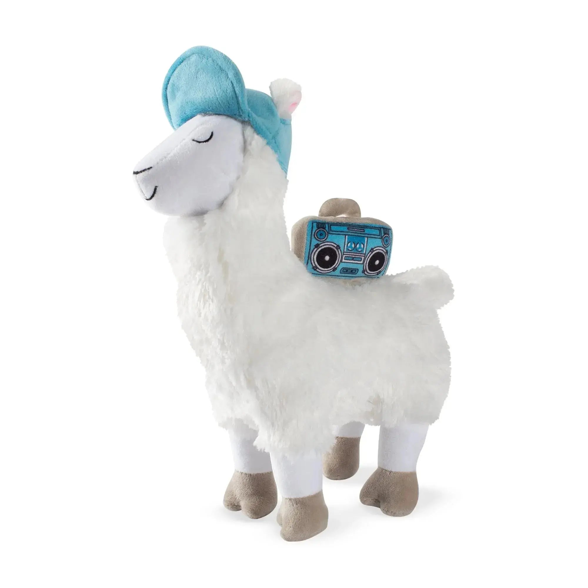 Beats Llama white squeaky plush dog toy by Fringe Studio wearing a blue hat and carrying a boom box on its back.
