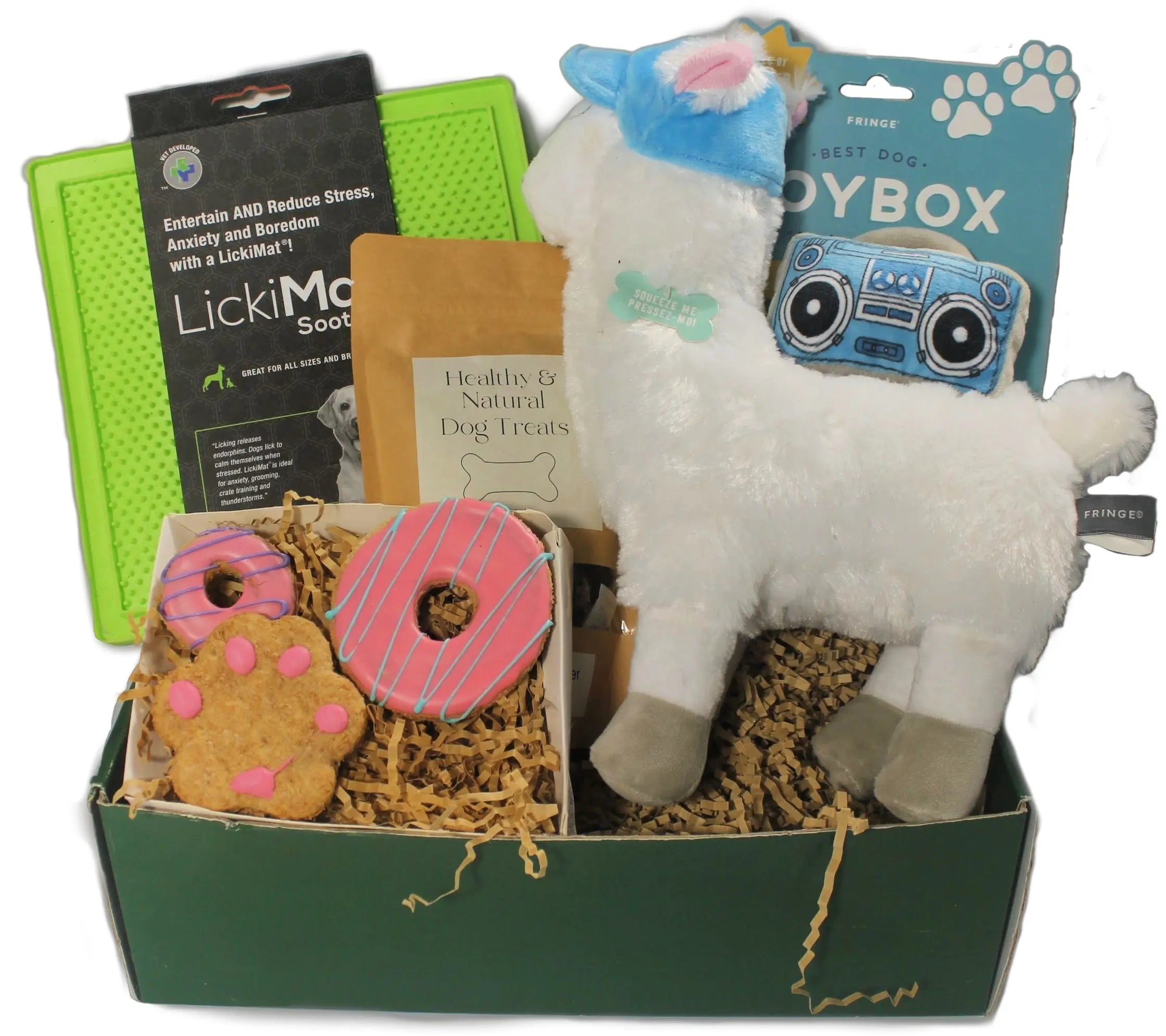 Dog gift hamper with pink hand made dog cookies Llama plush squeaky toy Likimat and organic dog treats.