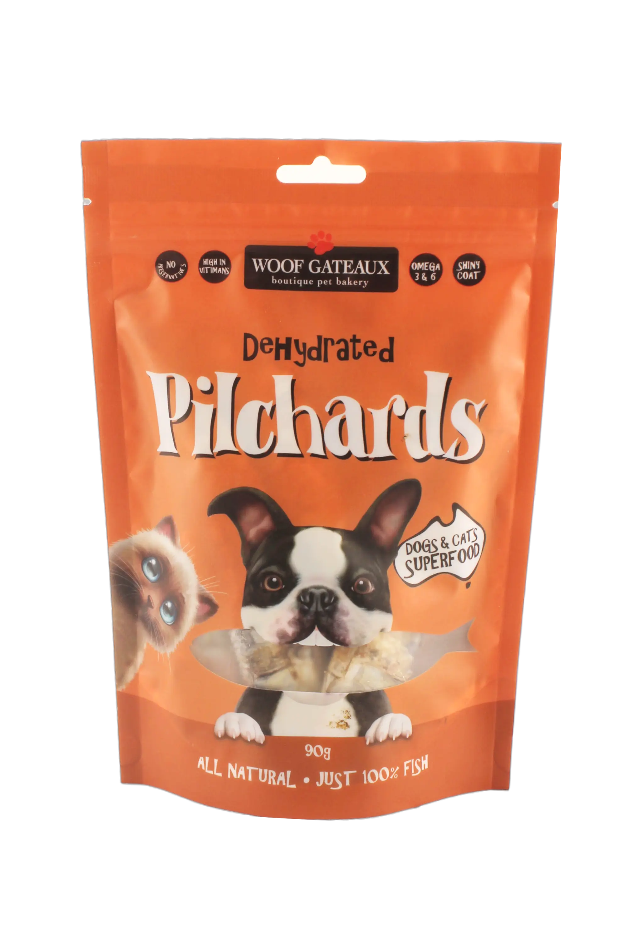 Dehydrated pilchards by Woof Gateaux for cats.