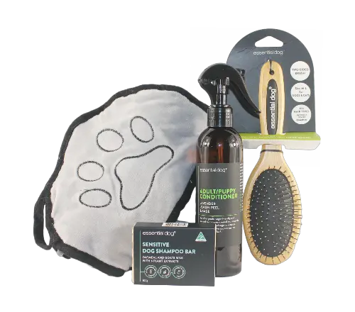 Essential Dog Grooming Gift Box with natural grooming products.