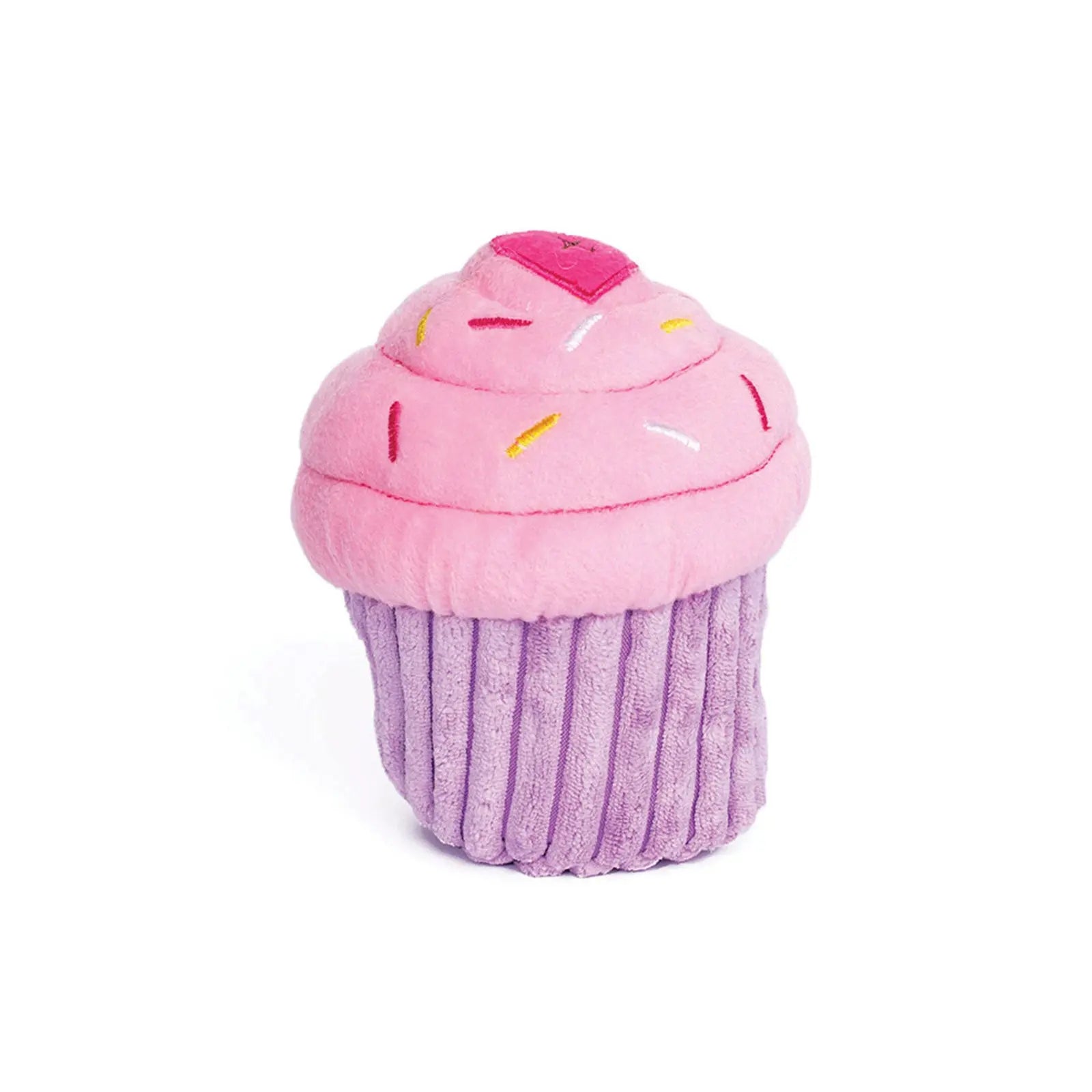 Fun pink cupcake dog toy with a built-in squeaker.