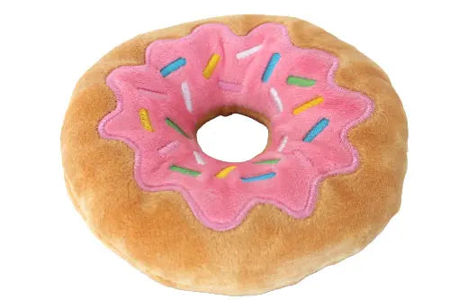 Pink donut toy for dogs - squeaky and fun, perfect for gift boxes